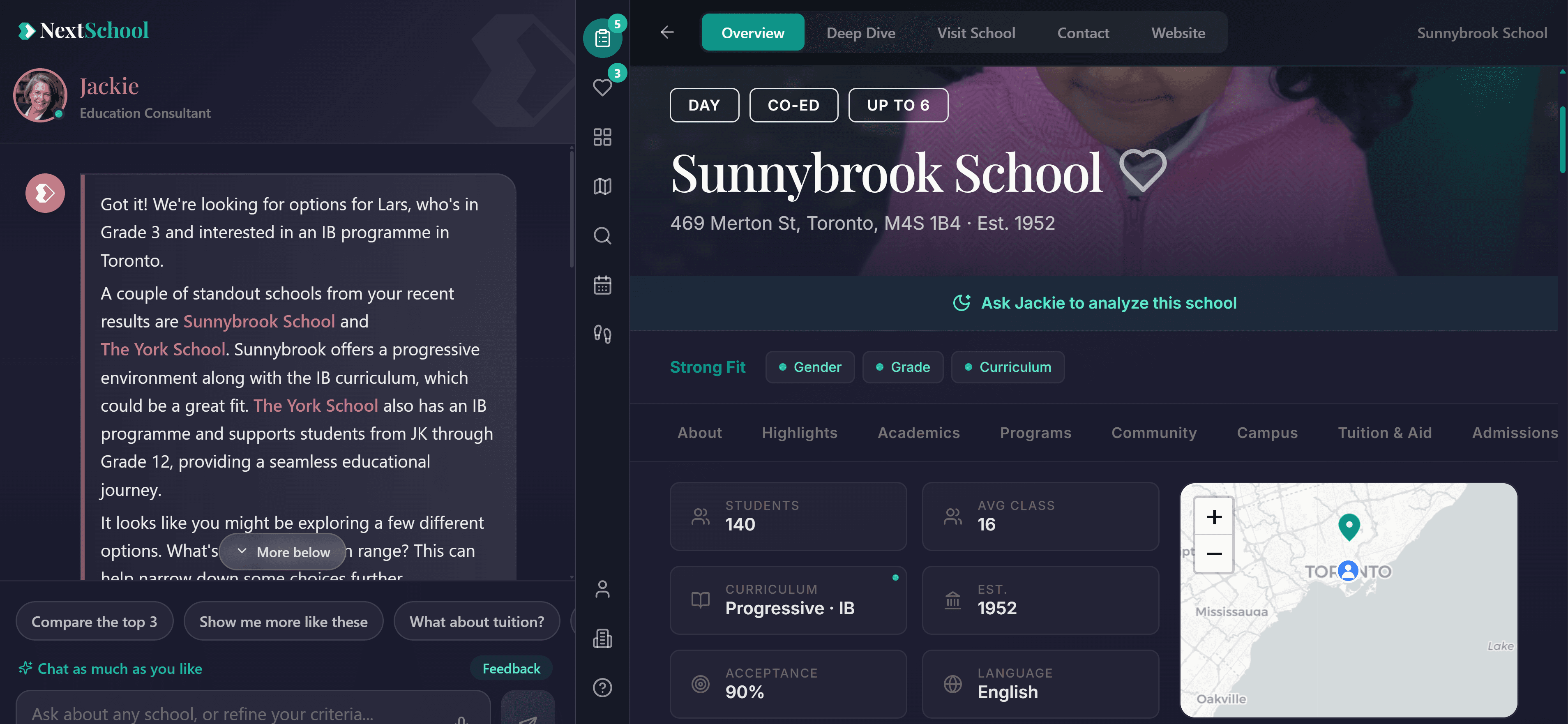 The Sunnybrook School detail page — a deep-dive view with tabs for Overview, Deep Dive, Visit School, Contact, and Website, plus an 'Ask Jackie to analyze this school' button. Jackie's chat panel sits on the left.